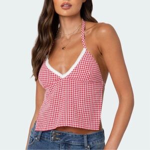 Edikted Charmaine Open Back Gingham Top in Red